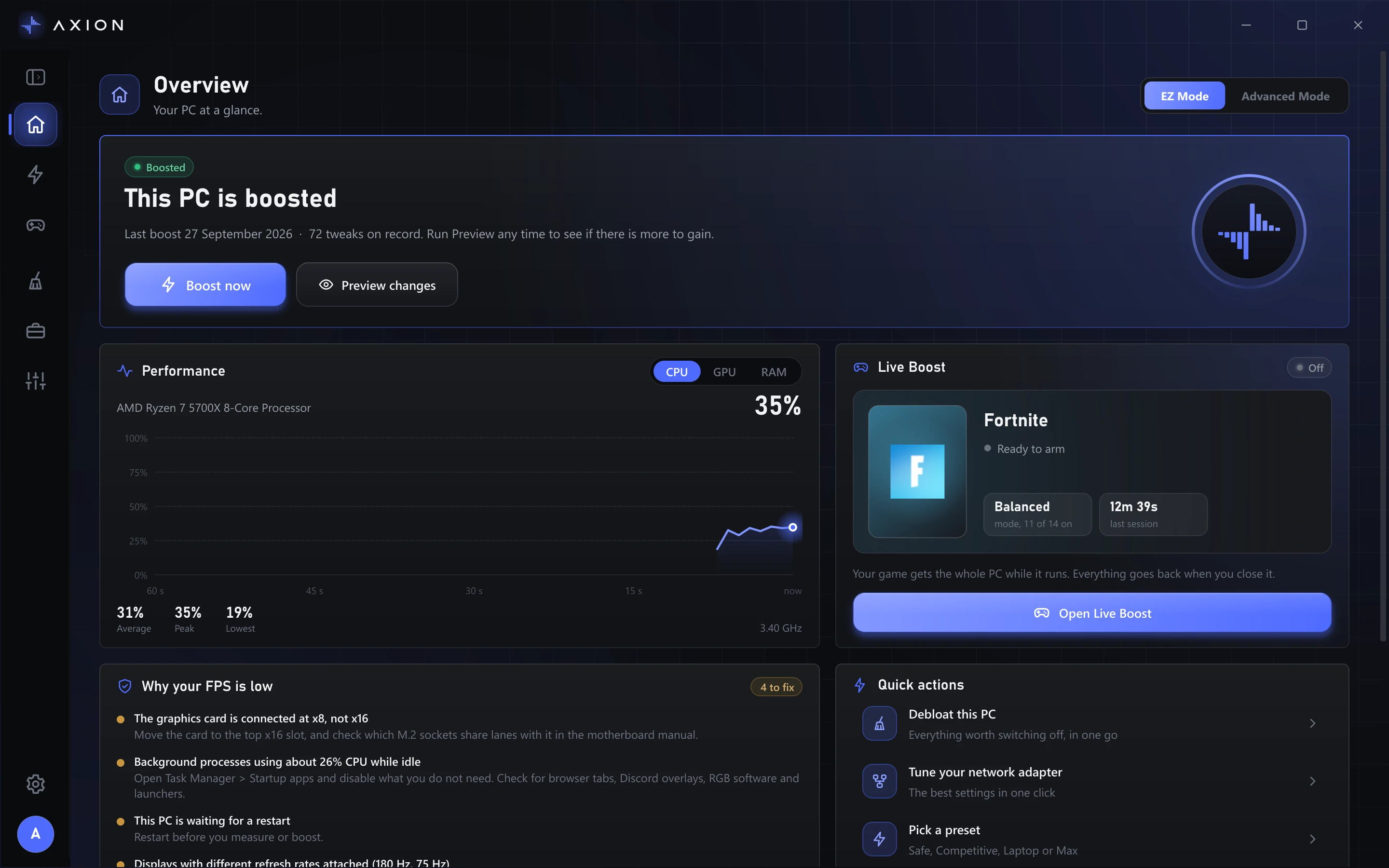 Axion's overview screen with live usage, the Boost button and Live Boost.