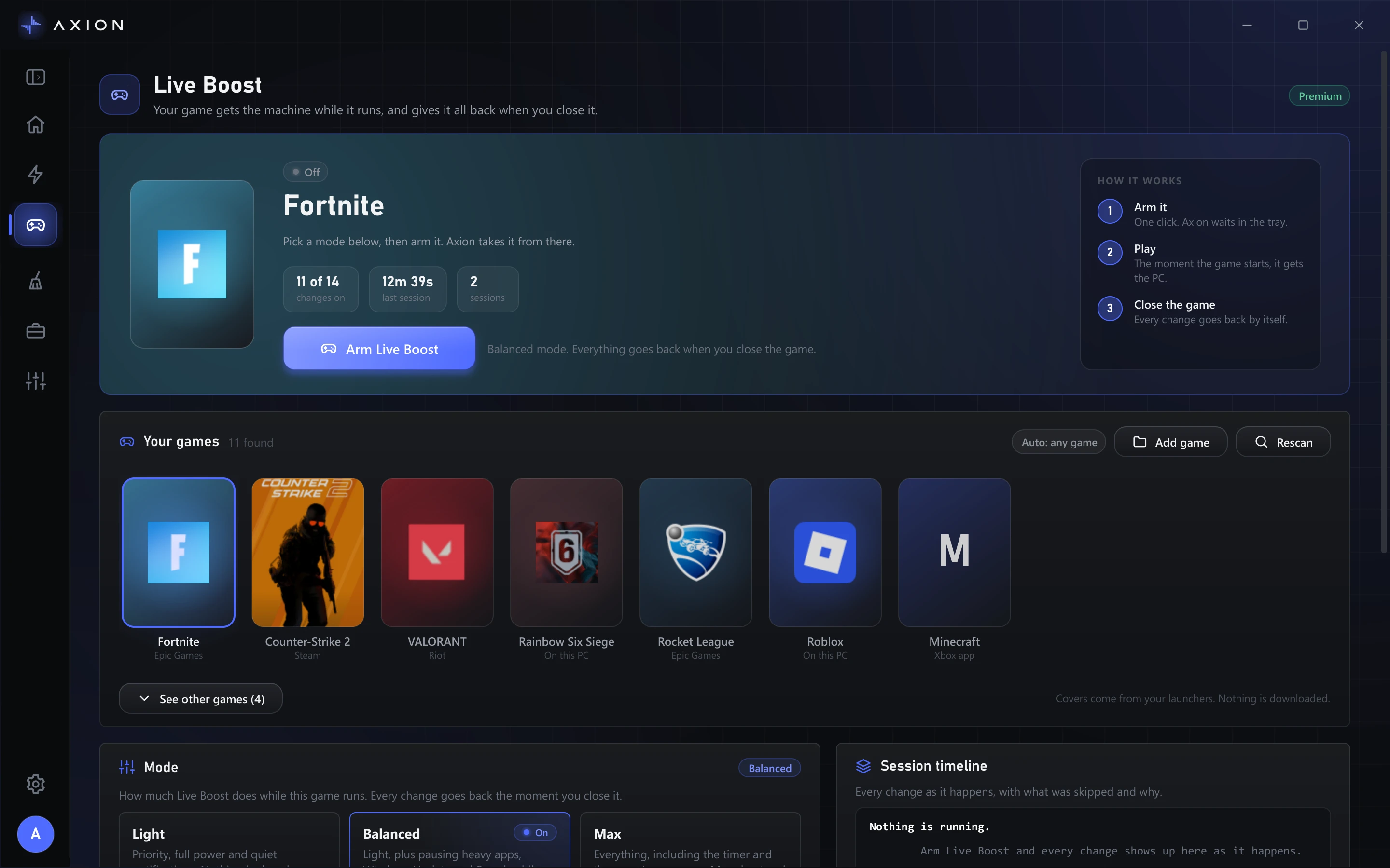 Axion's Live Boost screen with the game it found, the Arm Live Boost button and the session timeline.