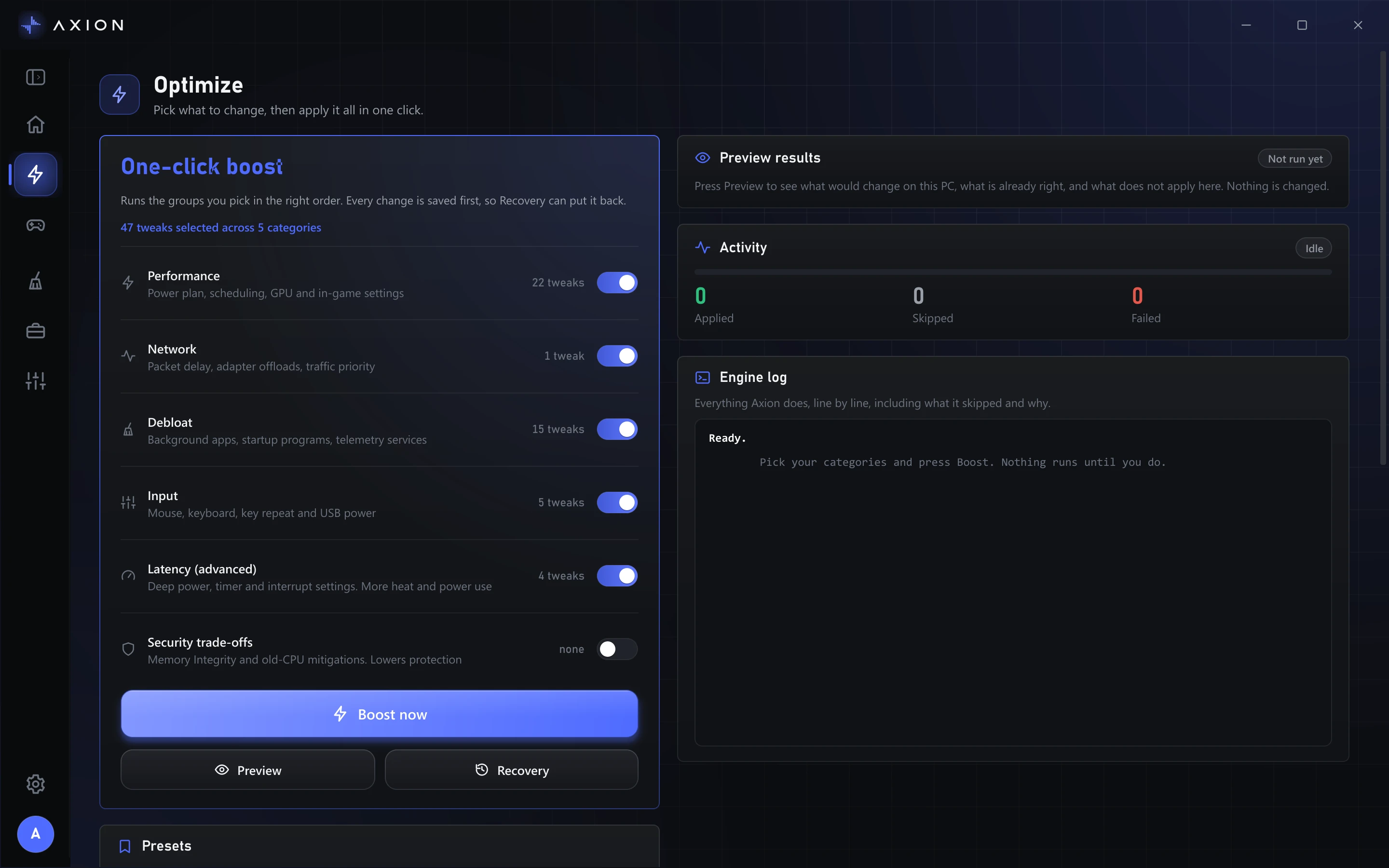 Axion's optimize screen with tweak groups, the preview results and the Boost button.