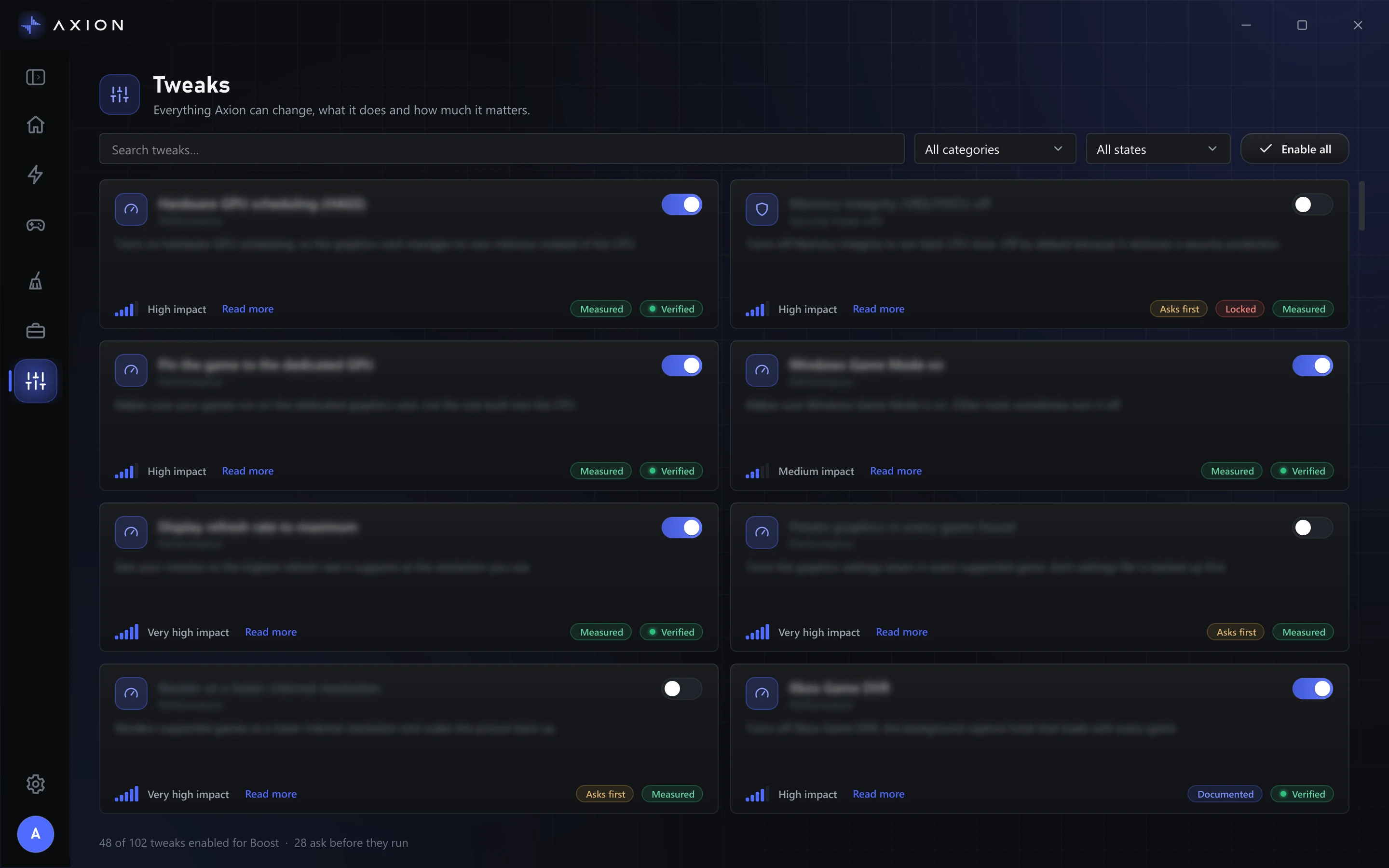Axion's tweaks screen listing every tweak with its group and impact.
